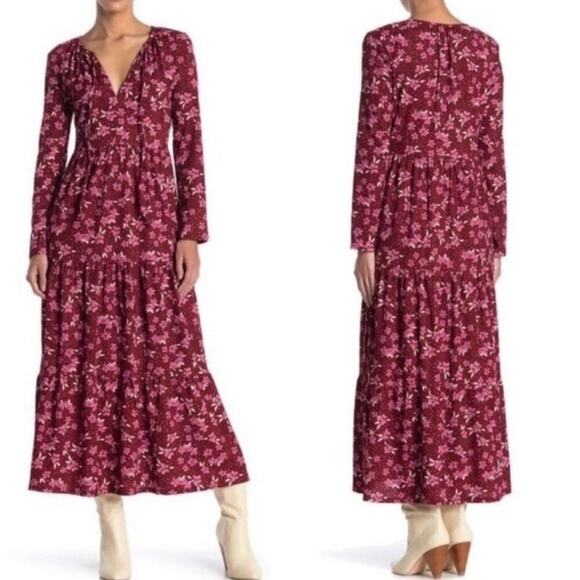 Free People Dress Tiers of Joy Midi Floral Long Sleeve Plum Combo Red Pink L - Picture 5 of 10